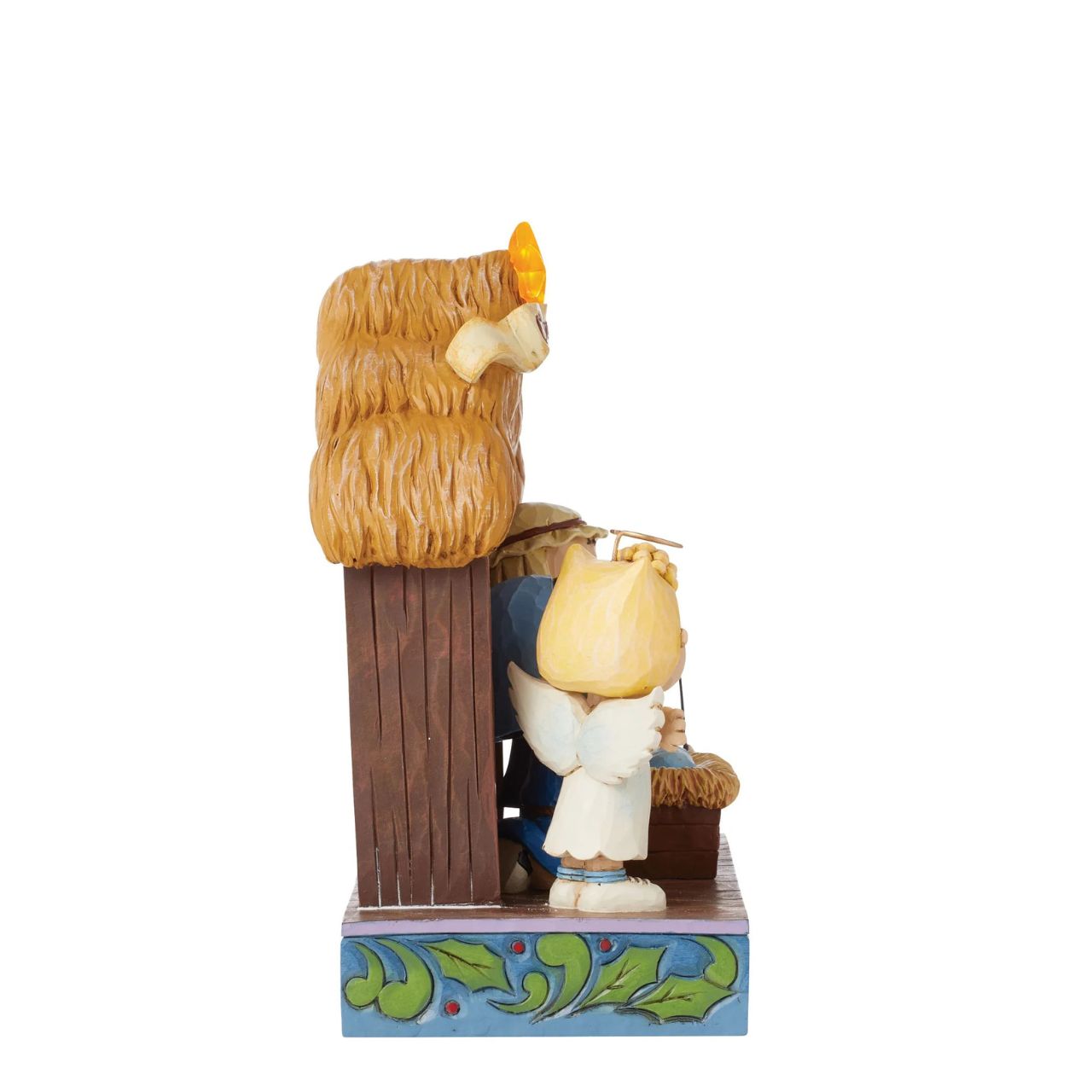 Jim Shore invites you to the Peanuts Christmas pageant! On a rosemale stage, Lucy and Linus sit in a manger dressed as Mary and Joseph tending to a Woodstock baby Jesus. Sally is dressed as an angel and Snoopy is a shepherd.