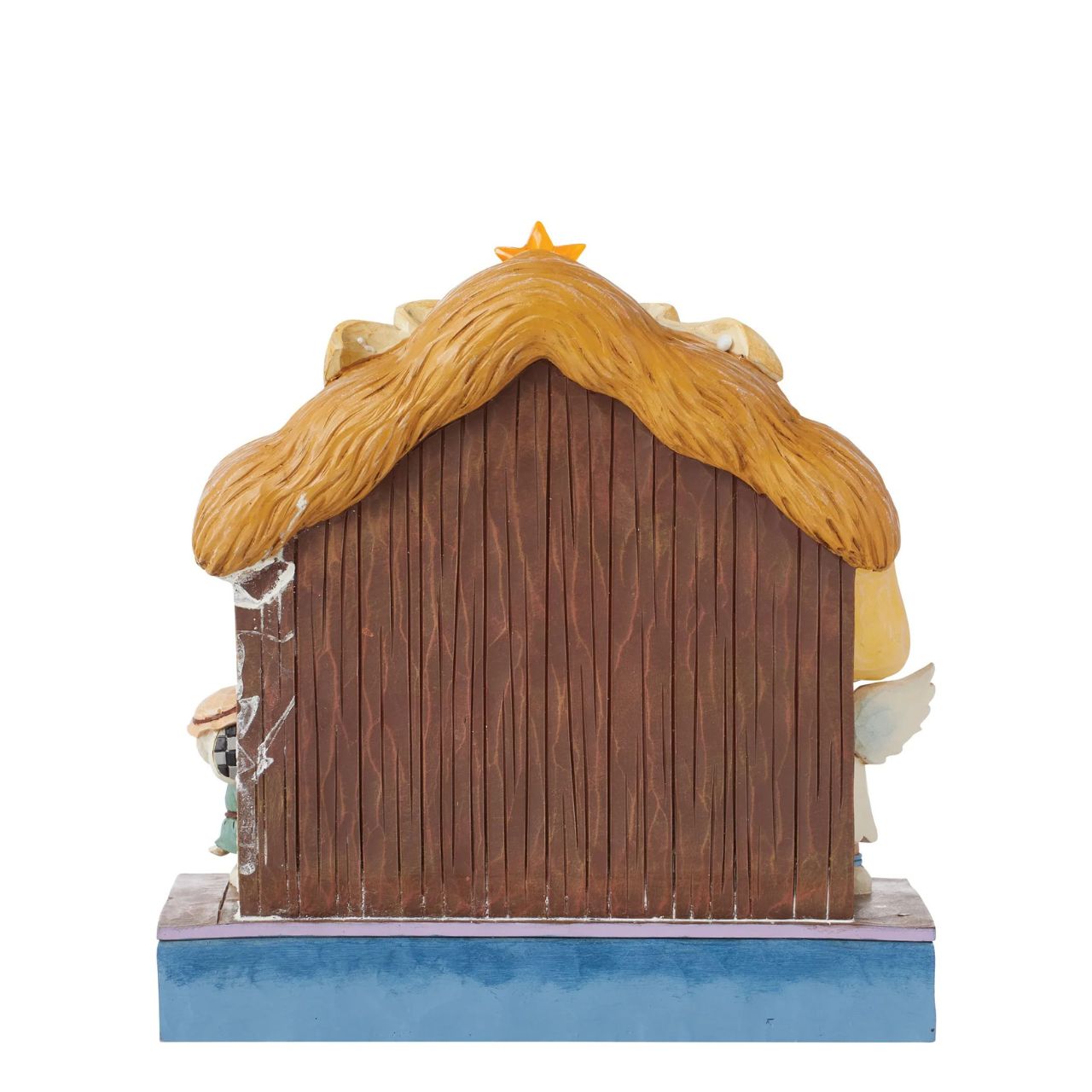 Jim Shore invites you to the Peanuts Christmas pageant! On a rosemale stage, Lucy and Linus sit in a manger dressed as Mary and Joseph tending to a Woodstock baby Jesus. Sally is dressed as an angel and Snoopy is a shepherd.
