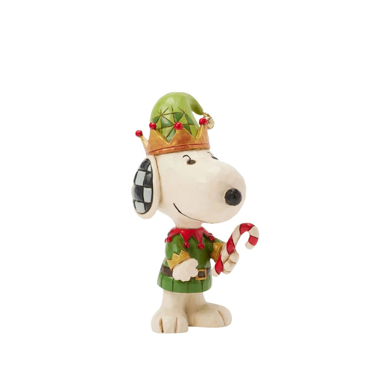 Add a touch of festive cheer to your holiday collection with this miniature Jim Shore design of Snoopy dressed as a cheerful elf. Holding a candy cane and sporting a bright smile, Snoopy embodies the joy of the season in delightful detail.