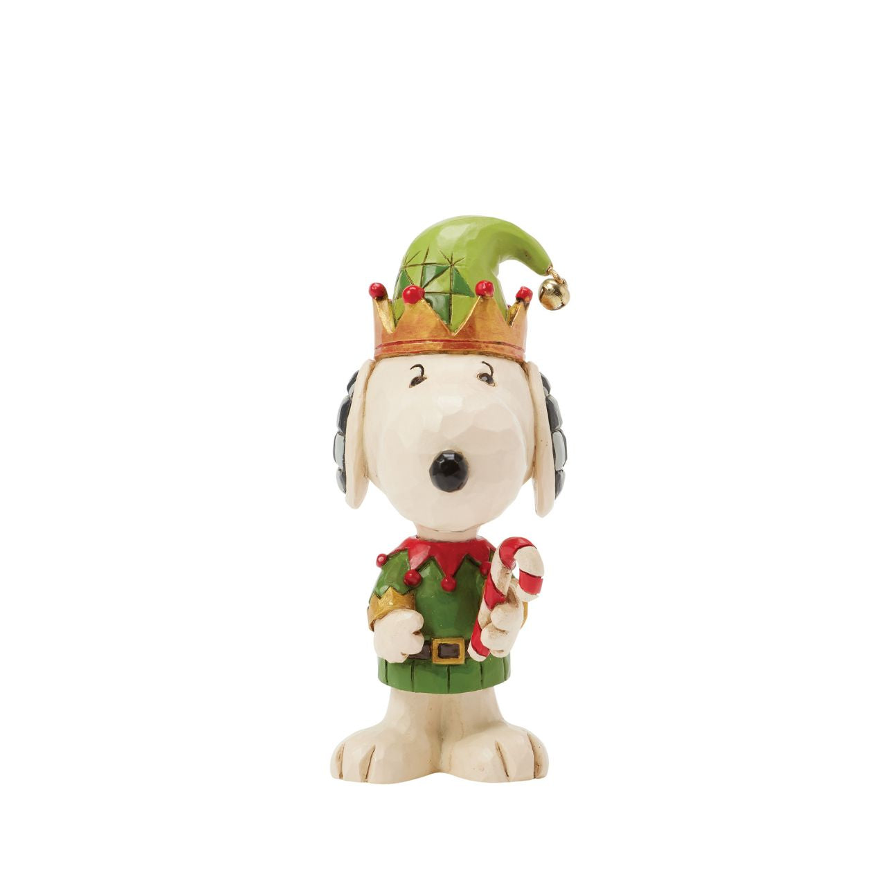 Add a touch of festive cheer to your holiday collection with this miniature Jim Shore design of Snoopy dressed as a cheerful elf. Holding a candy cane and sporting a bright smile, Snoopy embodies the joy of the season in delightful detail.