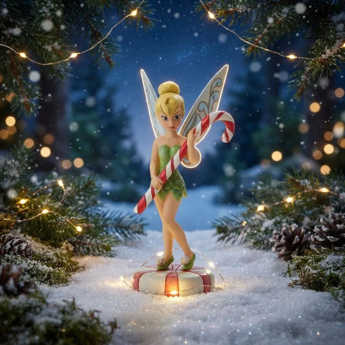 In this enchanting Jim Shore design, Tinker Bell stands atop a vibrant peppermint, delicately holding a candy cane with a sweet smile that radiates holiday warmth. Her enchanting presence brings a touch of pixie dust and magic to the holiday season.