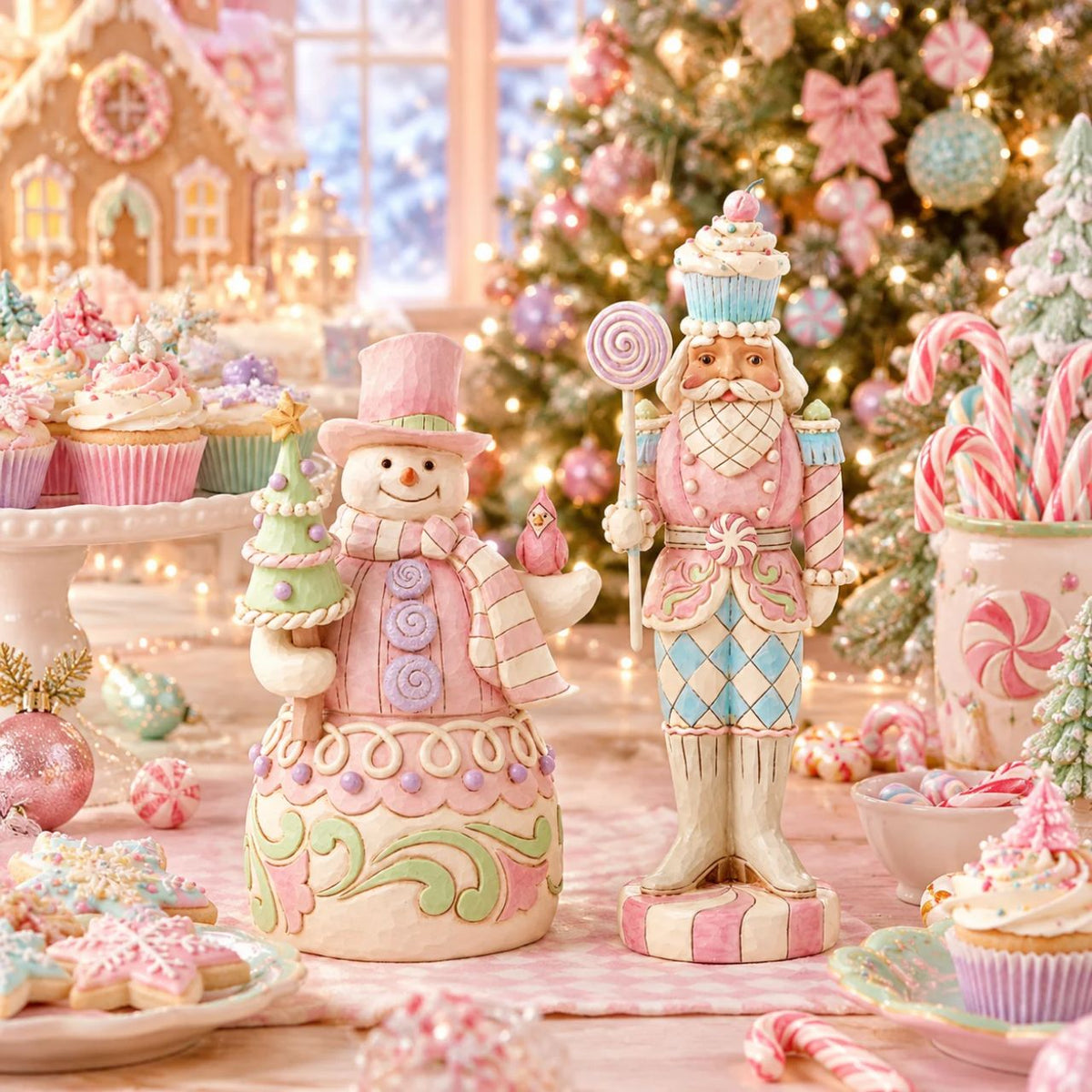This Heartwood Sweets toy soldier design by Jim Shore stands proudly on a peppermint base, holding a lollipop staff. With a pastel-patterned uniform of icing and gumdrops, complete with a peppermint belt buckle and a delightful cupcake hat, he brings sweet presence to any holiday scene.