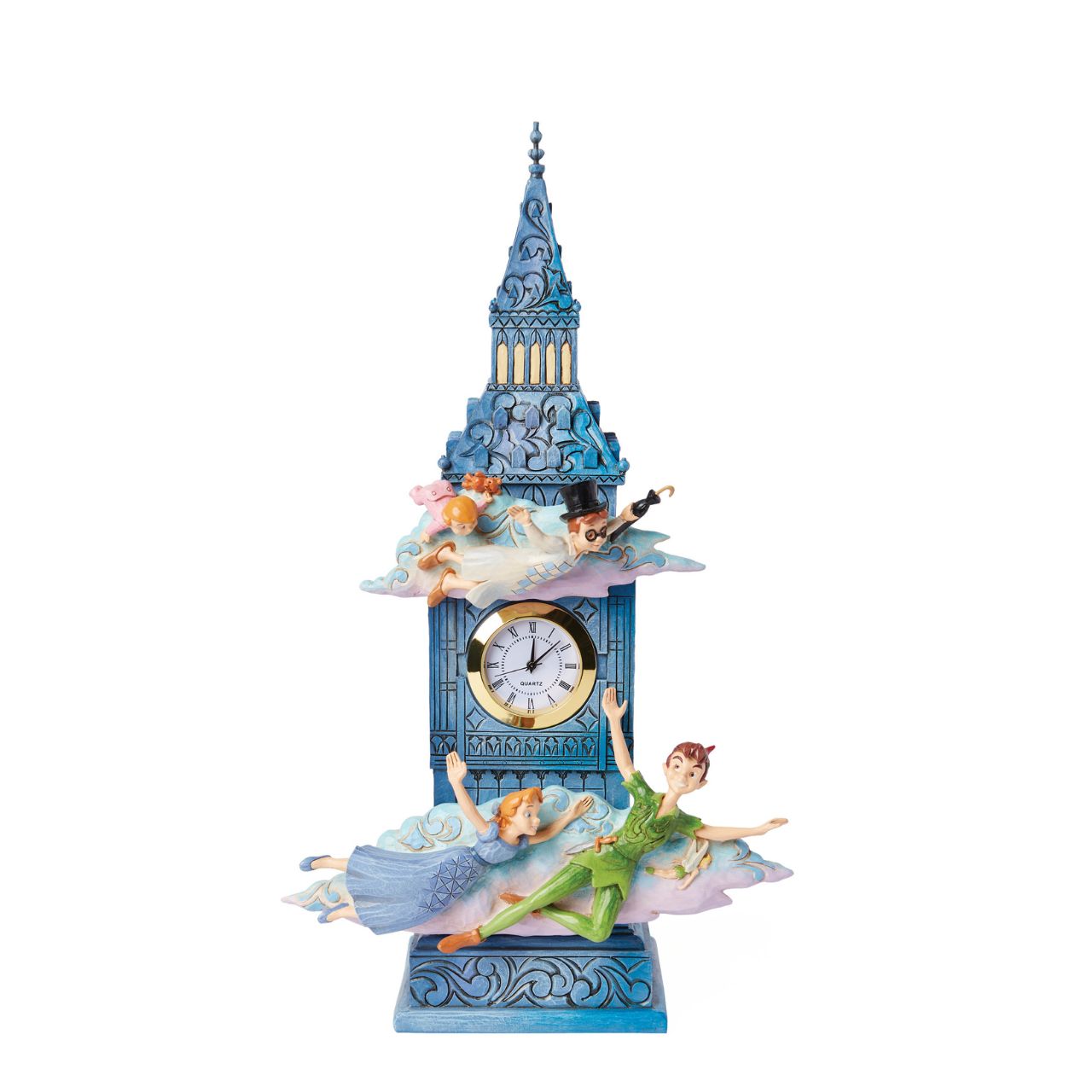 This hand crafted and hand painted figural clock is sure to take centre stage in any Disney Traditions collection. Decorated on all 4 sides, it depicts the top of the iconic London landmark, Big Ben, with Peter, Wendy, John and Michael flying across the front, on their way to Neverland.