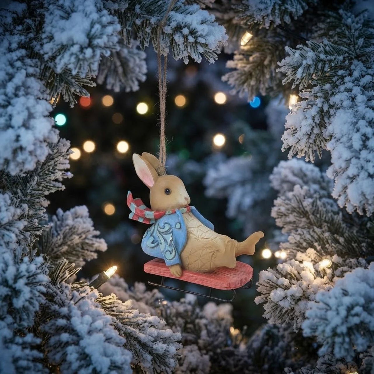 This charming Peter Rabbit hanging ornament will make the perfect gift for any Beatrix Potter lover. Donning his classic blue jacket, the beloved rabbit is styled in beautiful Jim Shore patchwork detail around his coat, sitting on a sledge, also making it a fabulous additional Christmas decoration.