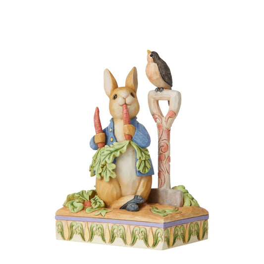Beatrix Potter Then he ate some radishes Peter Rabbit Figurine  Award winning folk artist Jim Shore brings his unique style to Beatrix Potter's beloved story, The Tale of Peter Rabbit, through charming hand-crafted gifts that will delight her readers of all ages. This Jim Shore figurine features the mischievous and disobedient Peter, who is caught red handed enjoying Mr. McGregor's radishes.