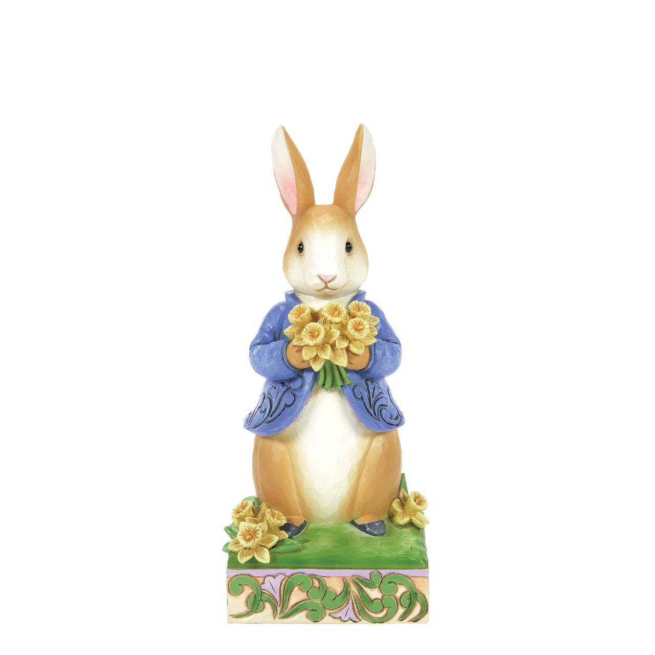 Peter Rabbit with Daffodils - Wearing his signature blue coat, Peter Rabbit blushes as he presents a bouquet of daffodils picked for you in this sweet design. Styled by Jim Shore, Peter's coat boasts rosemale petals as he stands on a decorated stage of springtime growth.