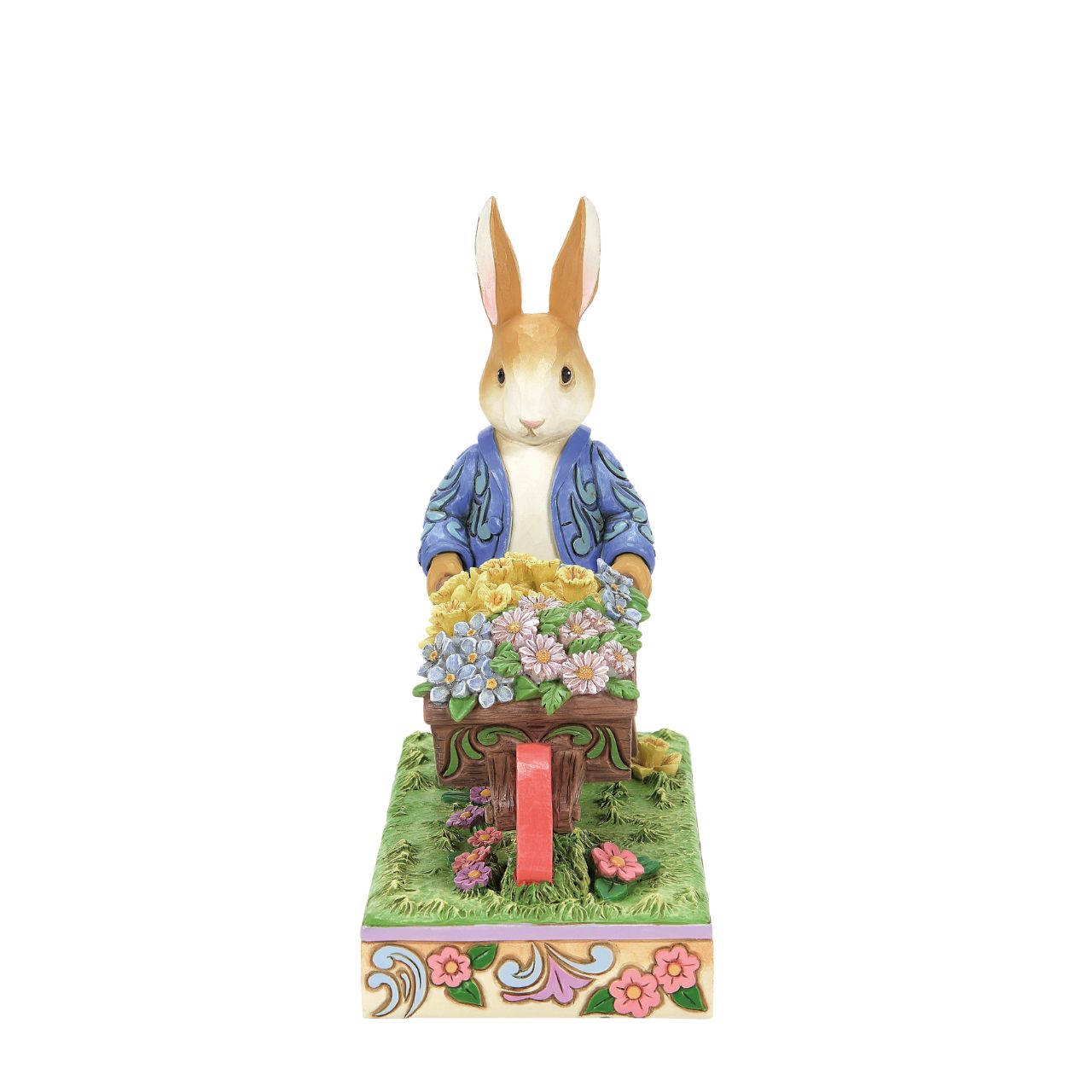 Peter Rabbit with Wheelbarrow of Flowers - Wearing his signature blue coat, Peter Rabbit pushes a wheelbarrow full of inviting flowers in this beautiful creation. Designed by Jim Shore, this creation features a wealth of inspired rosemale details, enchanting craftsmanship, and cheerful colour.