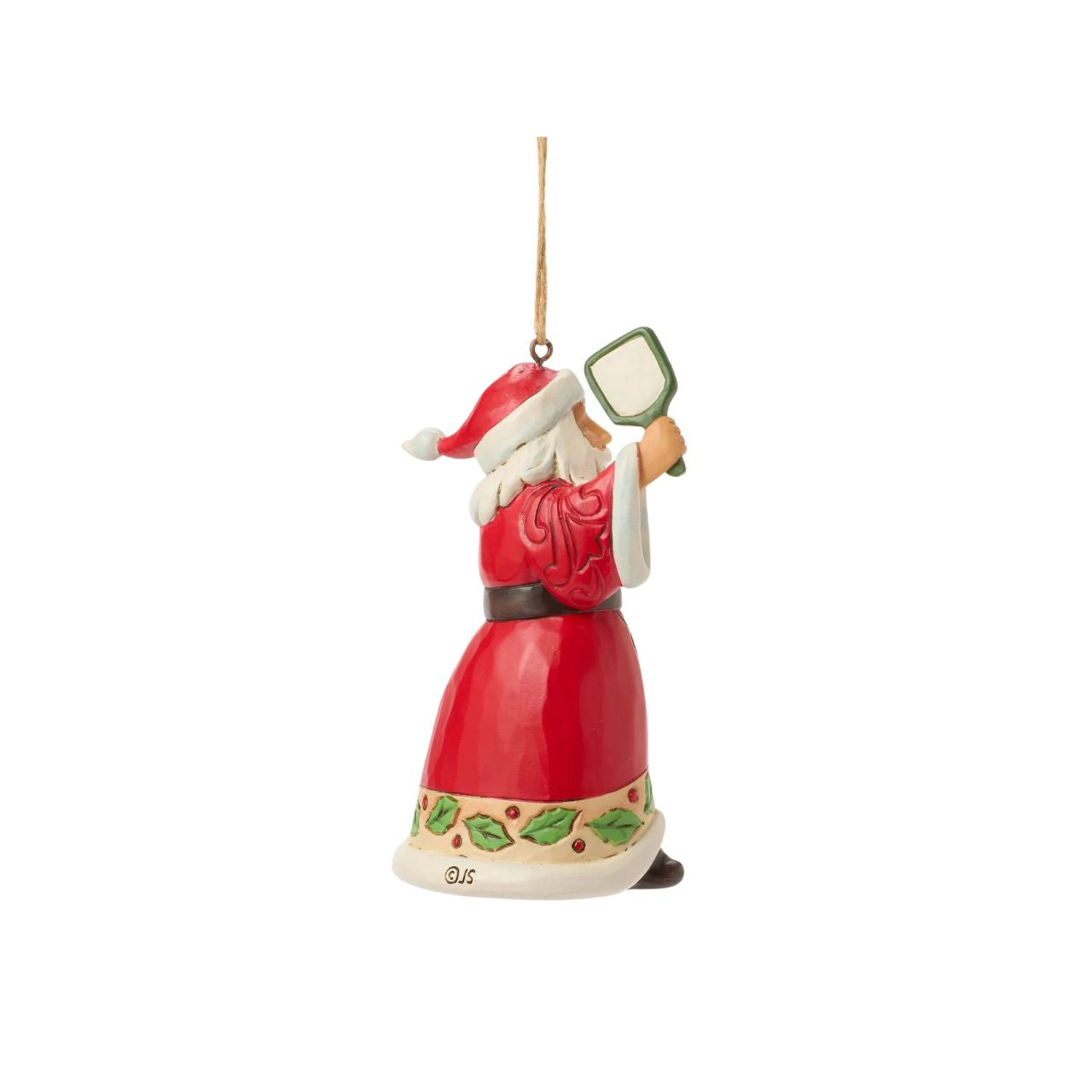 This whimsical Jim Shore Christmas ornament showcases Santa holding a pickleball and racket, ready to serve up both Christmas cheer and a winning game. Dressed in robes adorned with rosemaling and holly, Santa blends festive fun with sporty flair.