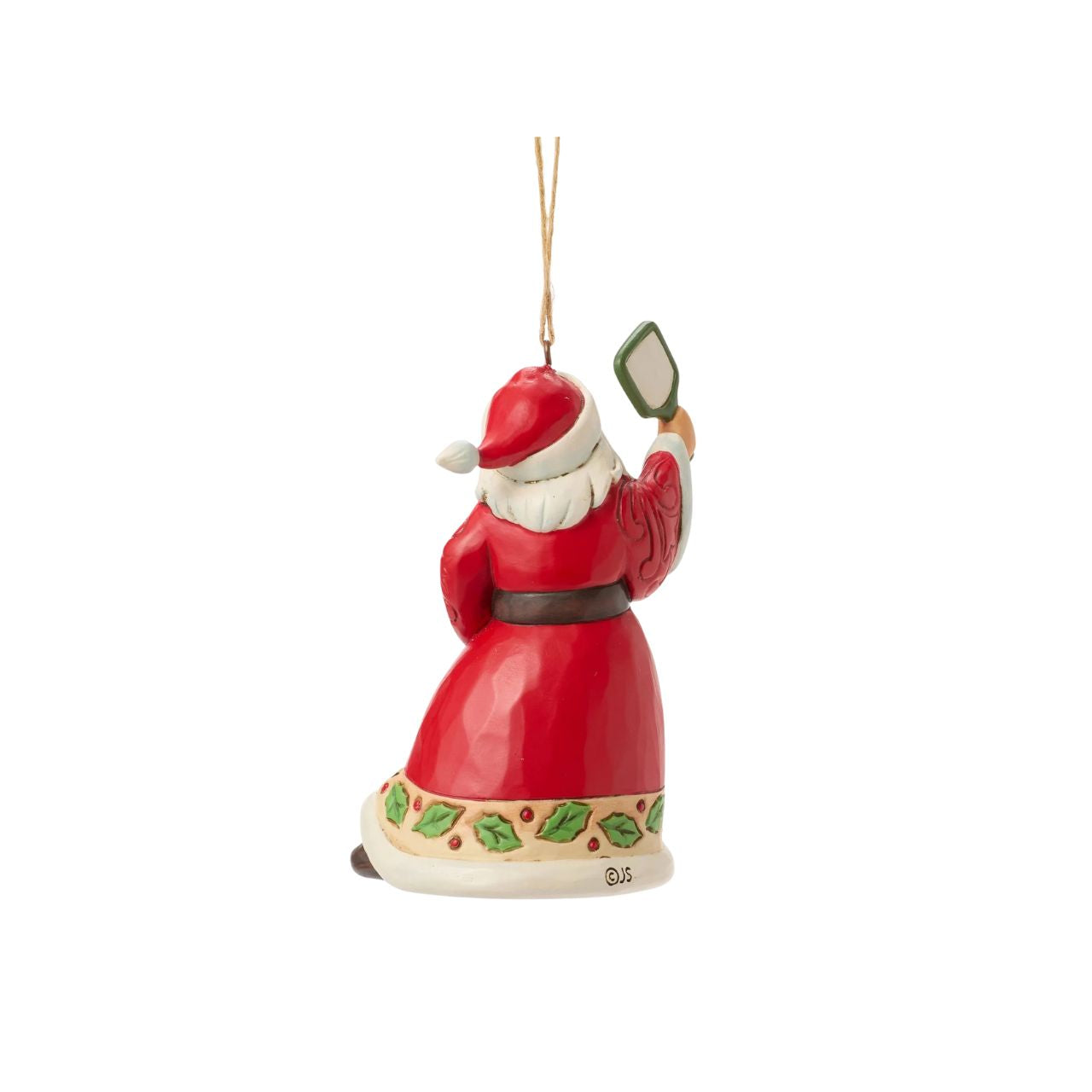 This whimsical Jim Shore Christmas ornament showcases Santa holding a pickleball and racket, ready to serve up both Christmas cheer and a winning game. Dressed in robes adorned with rosemaling and holly, Santa blends festive fun with sporty flair.