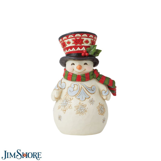 Heartwood Creek Pint Sized Snowman with Large Hat Figurine by Jim Shore  Traditional Heartwood Creek Collection; Wood carved textures and intricately detailed designs. Unique andsometimes surprising combinations of colours. This collection of festive pint sized figurines are the perfect addition to a collection, without breaking the bank.