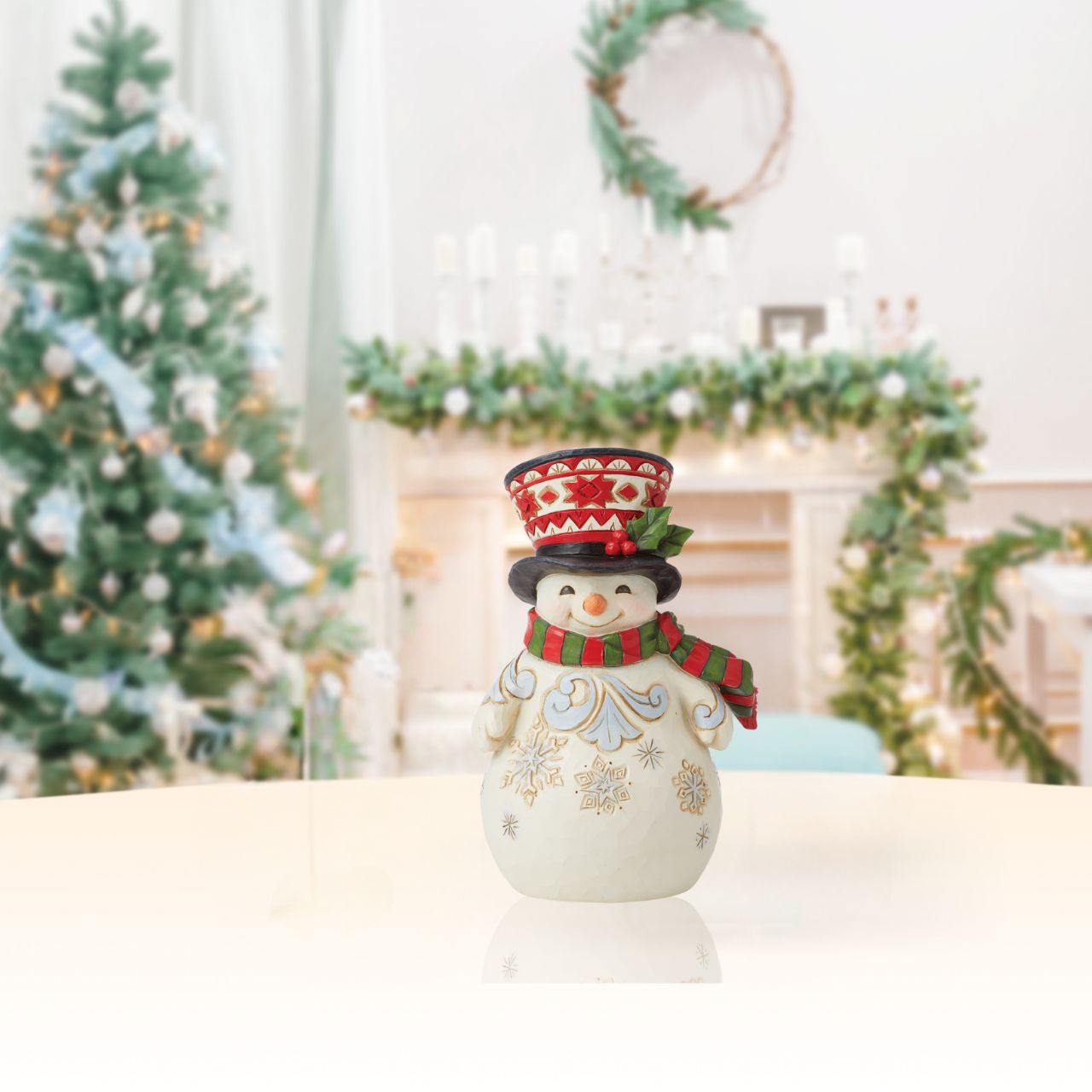 Heartwood Creek Pint Sized Snowman with Large Hat Figurine by Jim Shore  Traditional Heartwood Creek Collection; Wood carved textures and intricately detailed designs. Unique andsometimes surprising combinations of colours. This collection of festive pint sized figurines are the perfect addition to a collection, without breaking the bank.