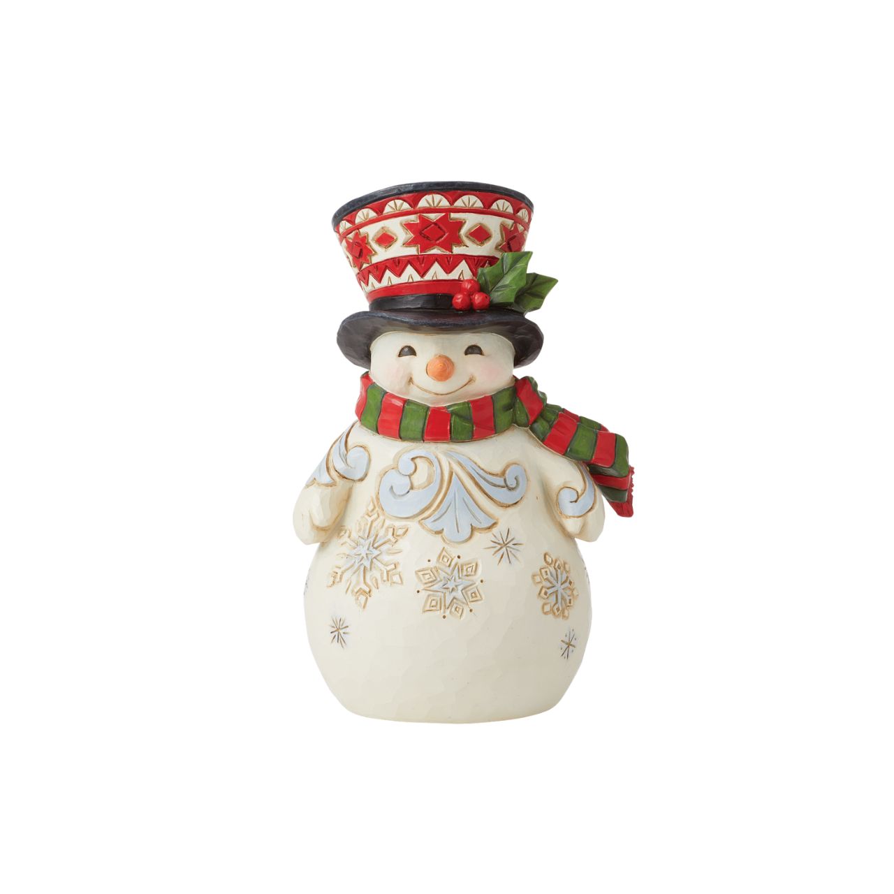 Pint Sized Snowman with Large Hat Figurine  Traditional Heartwood Creek Collection; Wood carved textures and intricately detailed designs. Unique andsometimes surprising combinations of colours. This collection of festive pint sized figurines are the perfect addition to a collection, without breaking the bank. This particular