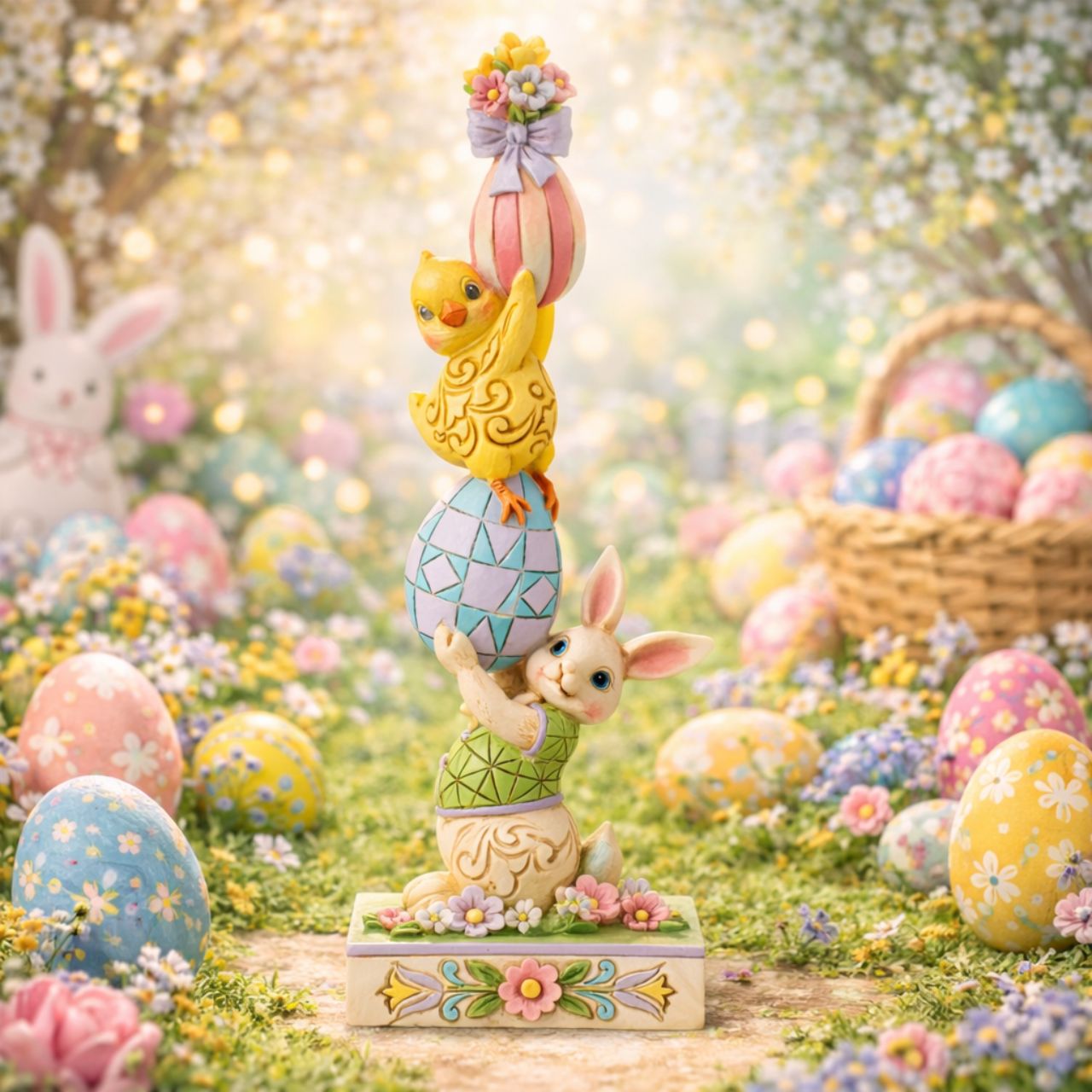 This stacked figurine is the perfect essence of Easter. Filled with spring colours and playful characters, it has been hand carved and painted for the Heartwood Creek collection by Jim Shore. Comes in fully branded packaging.