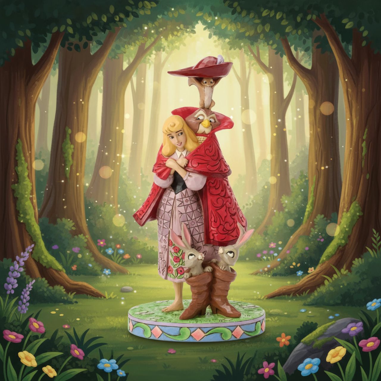 Aurora's forest friends transform into a man in a red coat as she searches for her prince. An owl, squirrel, and bunnies inside boots add charm to this captivating Jim Shore design, bringing the memorable movie scene to life with enchantment.