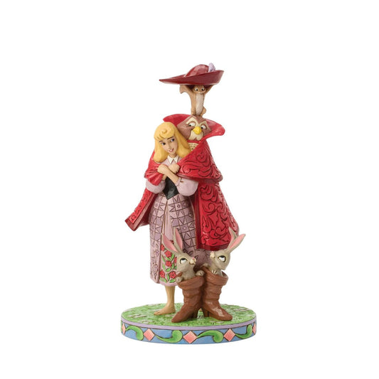 Aurora's forest friends transform into a man in a red coat as she searches for her prince. An owl, squirrel, and bunnies inside boots add charm to this captivating Jim Shore design, bringing the memorable movie scene to life with enchantment.