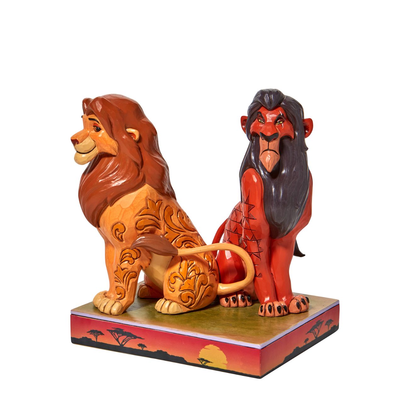 "Proud and Petulant" This Jim Shore piece ventures into the African savanna to share a scene of good and evil. Striking a winning pose, Simba, the rightful king, smiles next to his murderous uncle, Scar. The pair of lions make a daring duo of strength and pride.