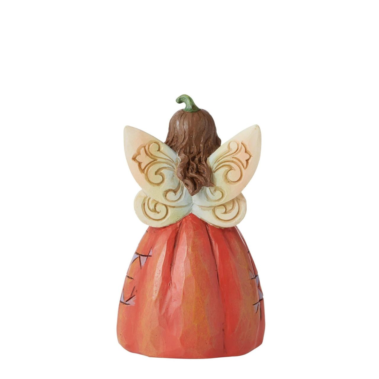 Heartwood Creek Pumpkin Fairy Figurine  Handcrafted in breath-taking detail, this beautiful Pumpkin Fairy Mini Figurine is beautifully decorated in Jim Shore's subtle combination of traditional quilt. Hands clasped delicately, the pumpkin fairy smiles softly, wings spread wide.
