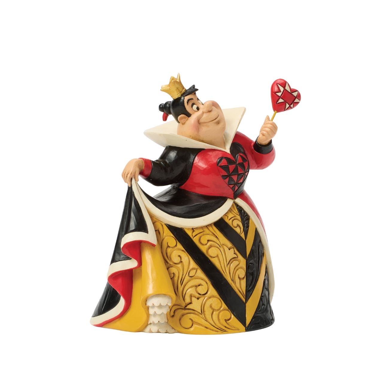 This Jim Shore design captures Alice in Wonderland's Queen of Hearts in a red and black dress enhanced with rosemaling and a quilted heart.