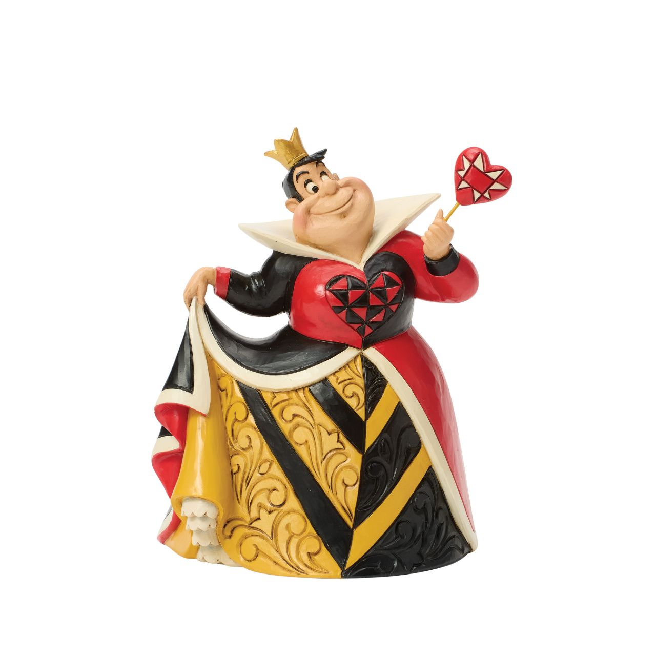 This Jim Shore design captures Alice in Wonderland's Queen of Hearts in a red and black dress enhanced with rosemaling and a quilted heart.