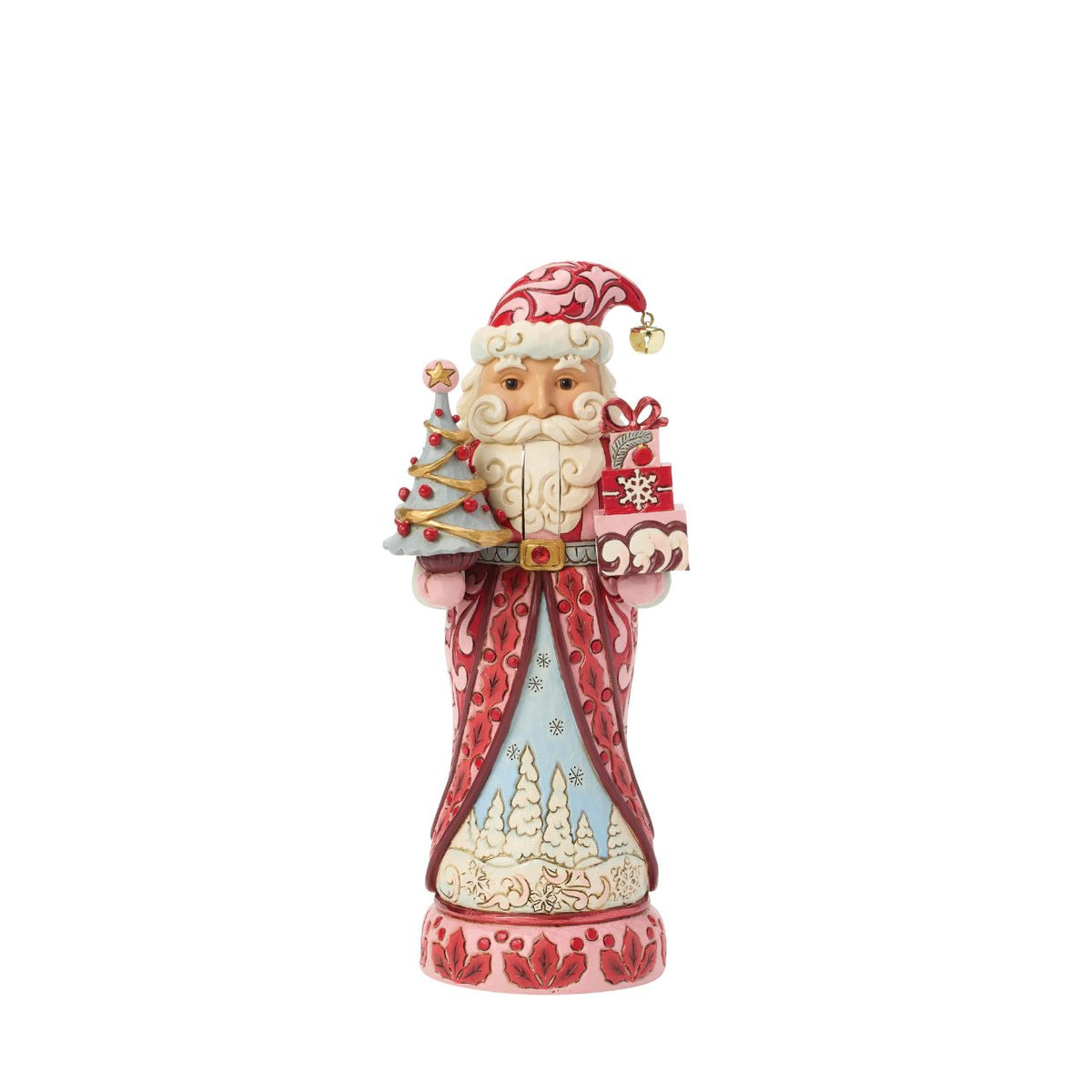 Santa stands tall in pink and crimson coat with snowy trim, his beard curling in carved detail. Folk-art rosemaling swirls across his suit, hand-painted in Jim Shore's warm, festive style.