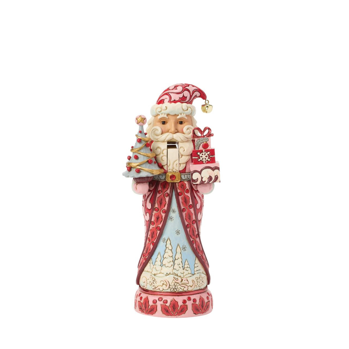 Santa stands tall in pink and crimson coat with snowy trim, his beard curling in carved detail. Folk-art rosemaling swirls across his suit, hand-painted in Jim Shore's warm, festive style.