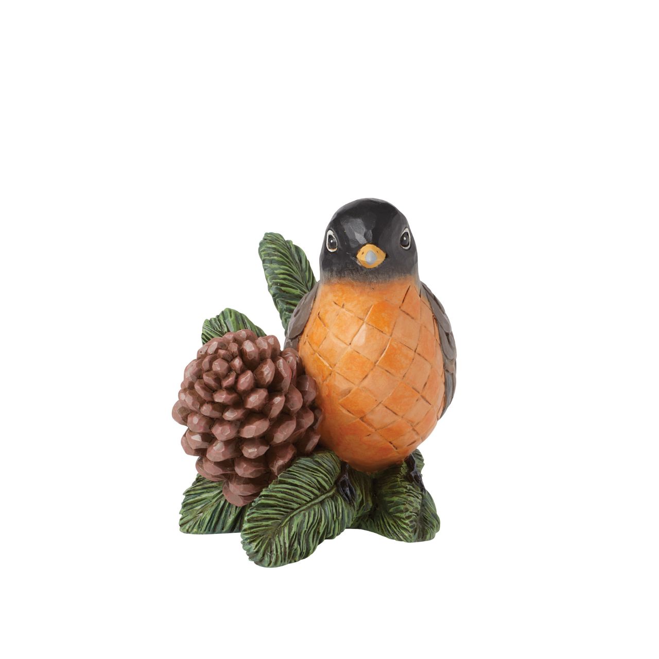Experience nature's beauty with this striking Jim Shore piece of a serene Robin perched on a pine twig beside a pinecone. Adorned with chequered patterning on its belly and intricate rosemaling on its wing, it captures avian grace in stunning detail.