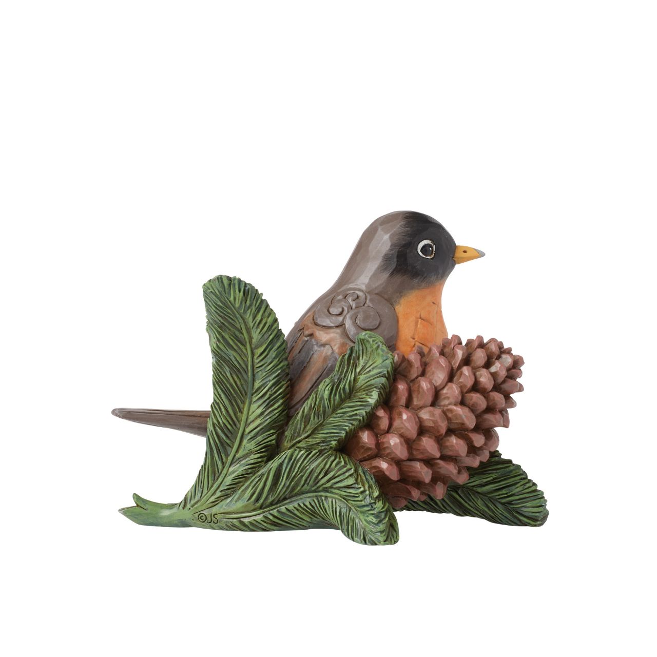 Experience nature's beauty with this striking Jim Shore piece of a serene Robin perched on a pine twig beside a pinecone. Adorned with chequered patterning on its belly and intricate rosemaling on its wing, it captures avian grace in stunning detail.