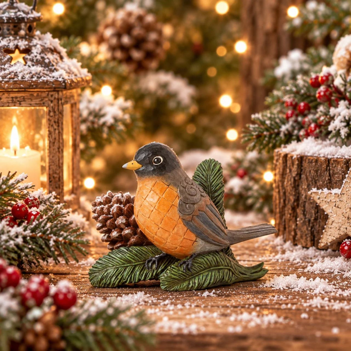 Experience nature's beauty with this striking Jim Shore piece of a serene Robin perched on a pine twig beside a pinecone. 
