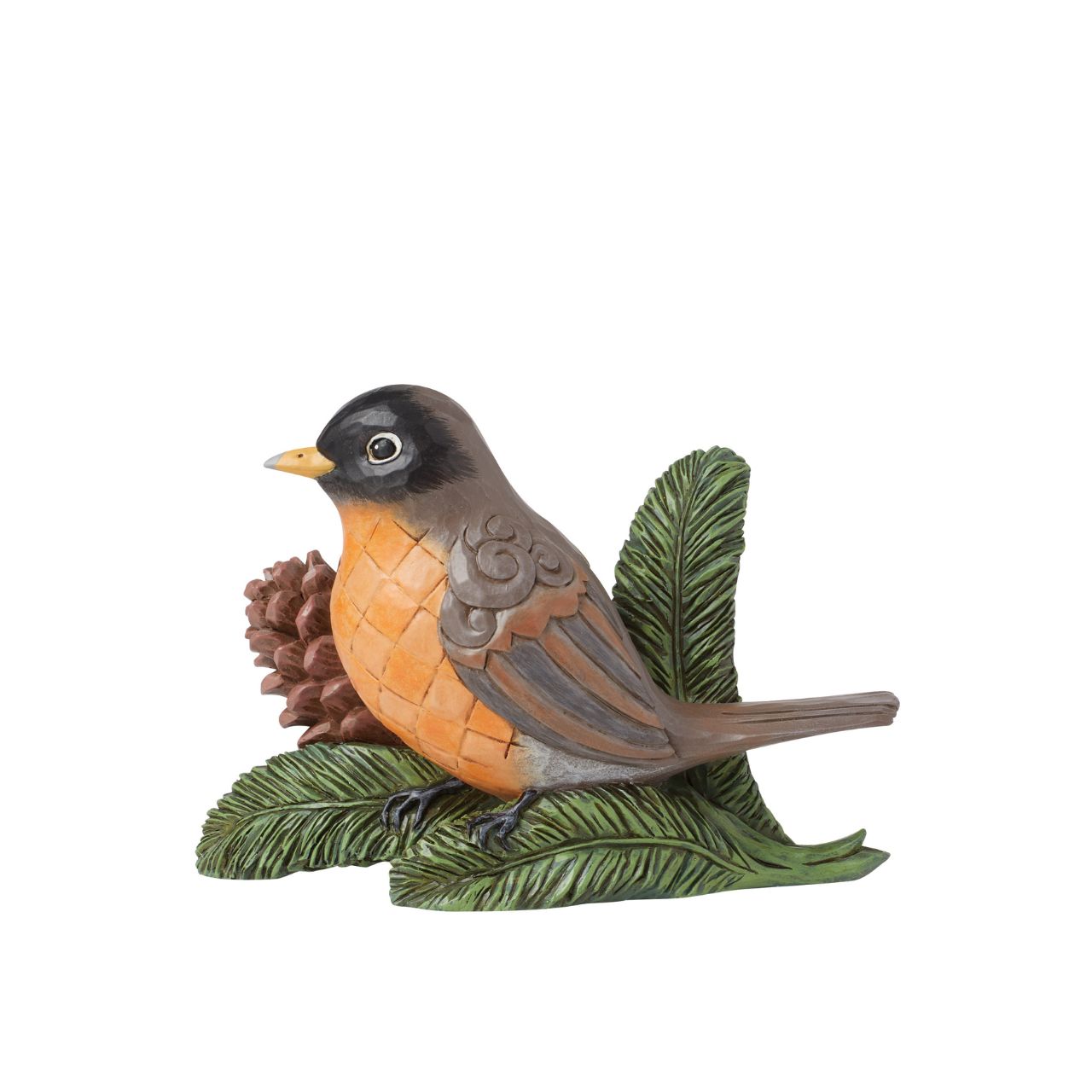 Experience nature's beauty with this striking Jim Shore piece of a serene Robin perched on a pine twig beside a pinecone. Adorned with chequered patterning on its belly and intricate rosemaling on its wing, it captures avian grace in stunning detail.