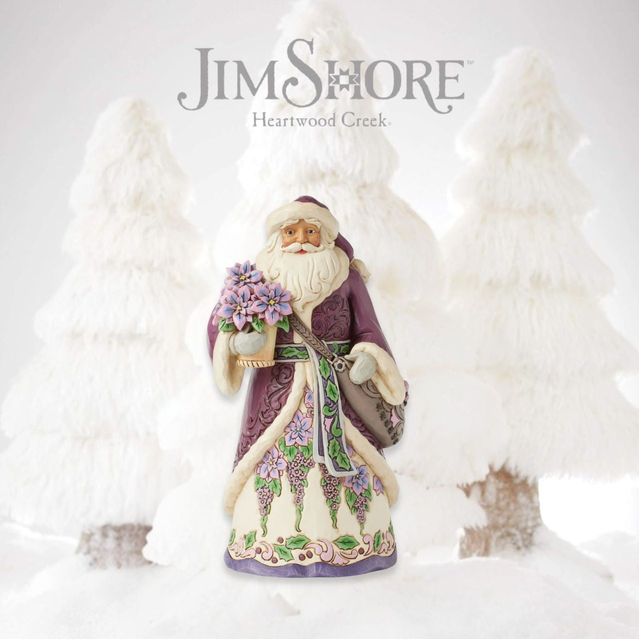The stunning purple Santa representing Jim Shores trademark colour. Radiating elegance in rich purples, plums, and greens, carrying a vibrant purple poinsettias. His intricately detailed cloak features delicate rosemaling, while his robes bloom with festivities.