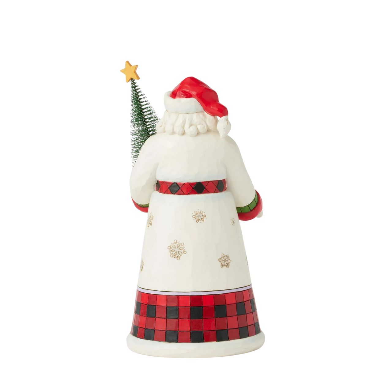 This charming Jim Shore design features Santa holding a decorated sisal tree, dressed in a cosy buffalo plaid cloak that embodies holiday warmth. His gown, adorned with snowflakes and a dashing reindeer silhouette, captures the spirit of the season.
