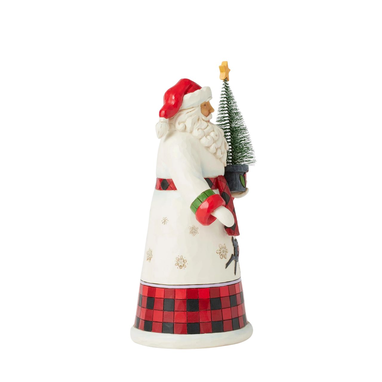 This charming Jim Shore design features Santa holding a decorated sisal tree, dressed in a cosy buffalo plaid cloak that embodies holiday warmth. His gown, adorned with snowflakes and a dashing reindeer silhouette, captures the spirit of the season.