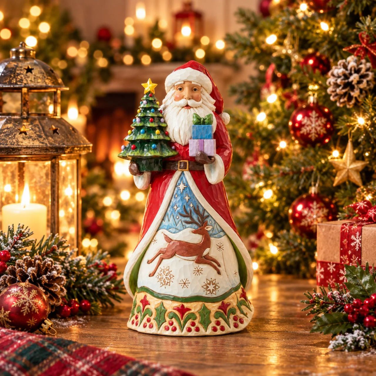 This impressive Santa figurine features a vintage style LED lit Christmas tree - perfect for any festive display. Batteries, not included. Part of the Heartwood Creek collection from Jim Shore. Comes in fully branded packaging.