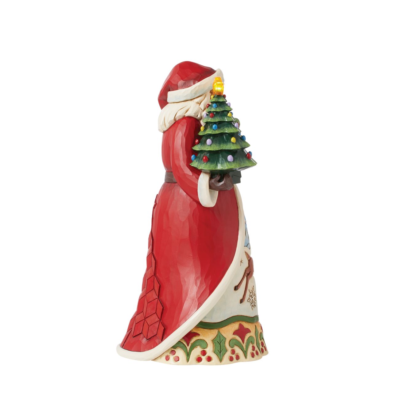 This impressive Santa figurine features a vintage style LED lit Christmas tree - perfect for any festive display. Batteries, not included. Part of the Heartwood Creek collection from Jim Shore. Comes in fully branded packaging.