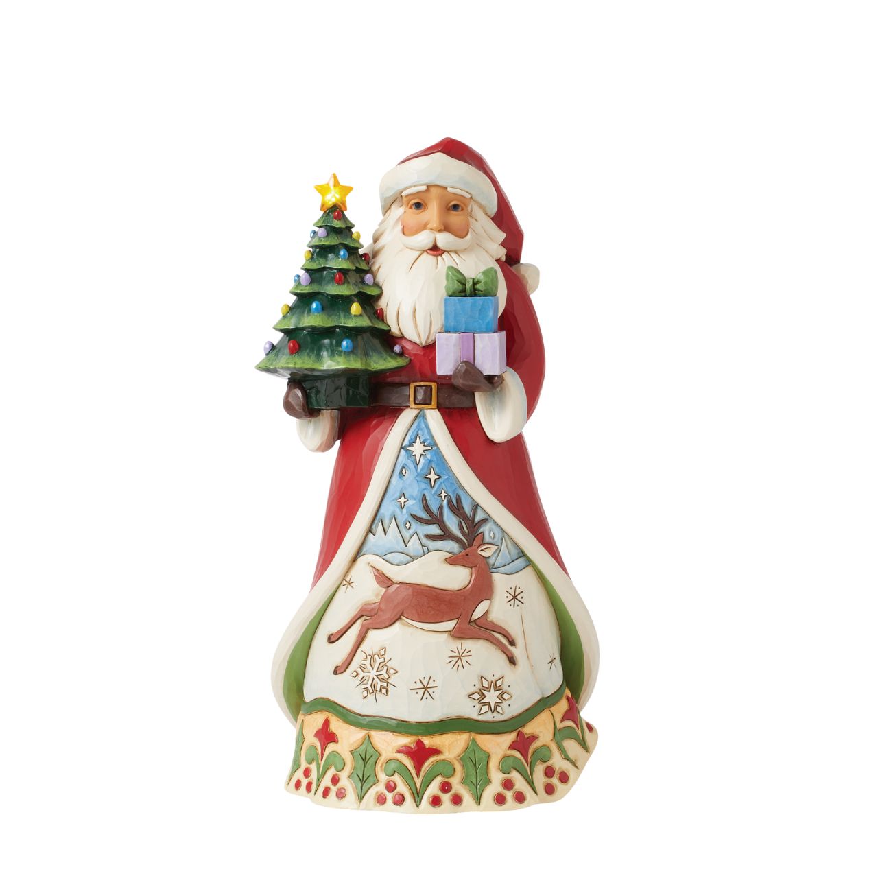This impressive Santa figurine features a vintage style LED lit Christmas tree - perfect for any festive display. Batteries, not included. Part of the Heartwood Creek collection from Jim Shore. Comes in fully branded packaging.