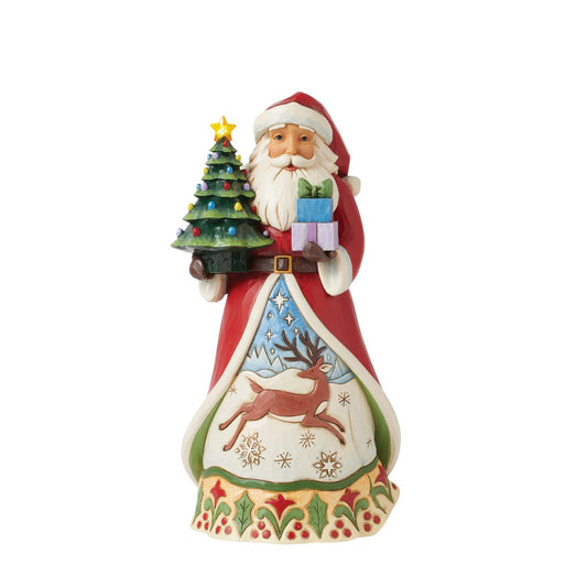 This impressive Santa figurine features a vintage style LED lit Christmas tree - perfect for any festive display. Batteries, not included. Part of the Heartwood Creek collection from Jim Shore. Comes in fully branded packaging.