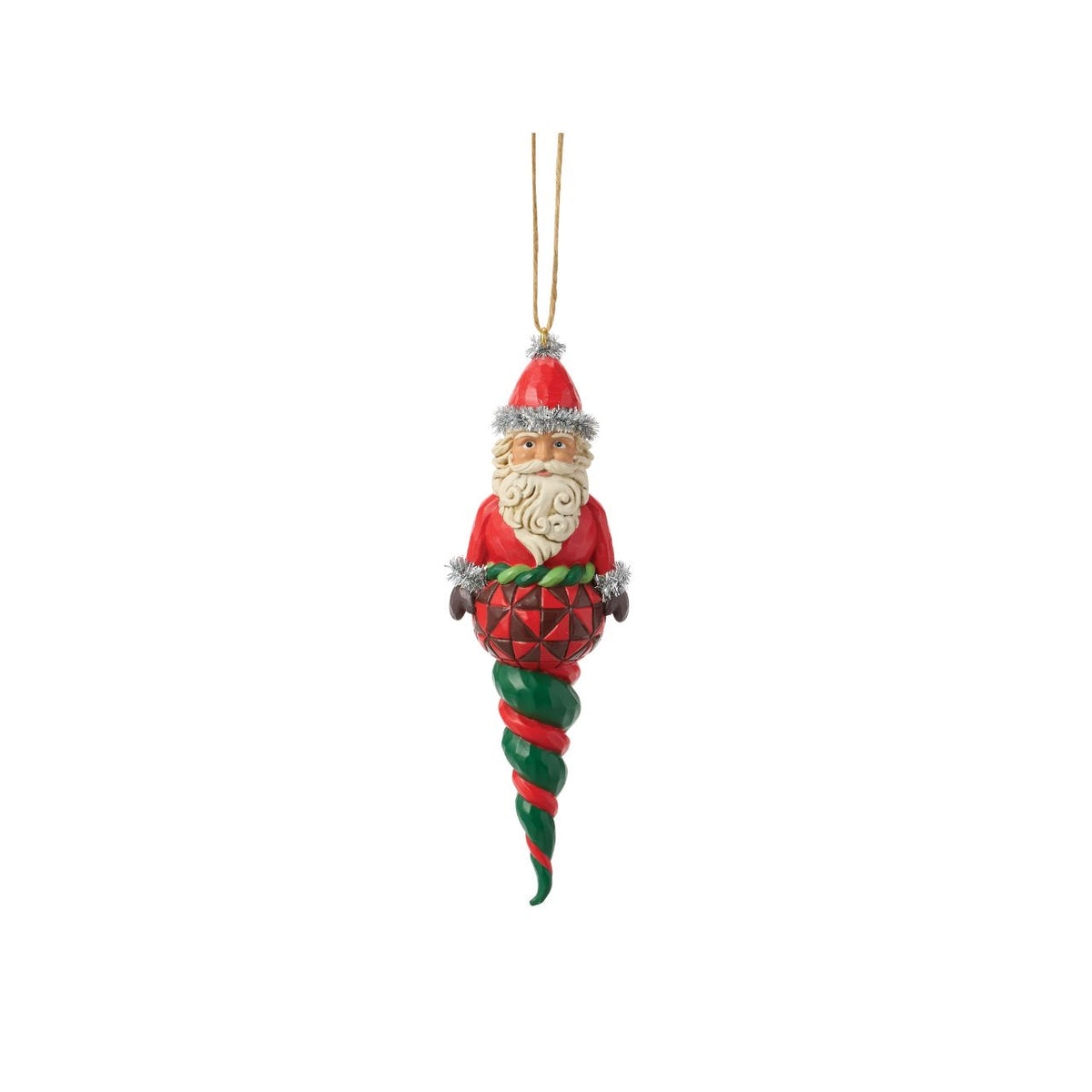 Celebrate the magic of Christmas with the Heartwood Creek Santa Finial by Jim Shore. This meticulously crafted piece captures the warmth and nostalgia of the holiday season, featuring Santa Claus in a classic pose, adorned with Jim Shore's distinctive blend of quilt patterns and folk-art patterns.