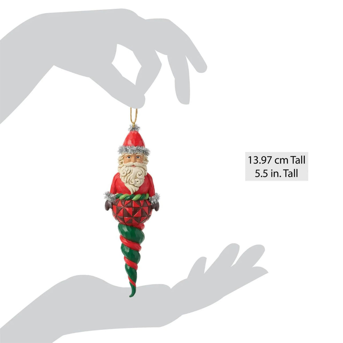 Celebrate the magic of Christmas with the Heartwood Creek Santa Finial by Jim Shore. This meticulously crafted piece captures the warmth and nostalgia of the holiday season, featuring Santa Claus in a classic pose, adorned with Jim Shore's distinctive blend of quilt patterns and folk-art patterns.