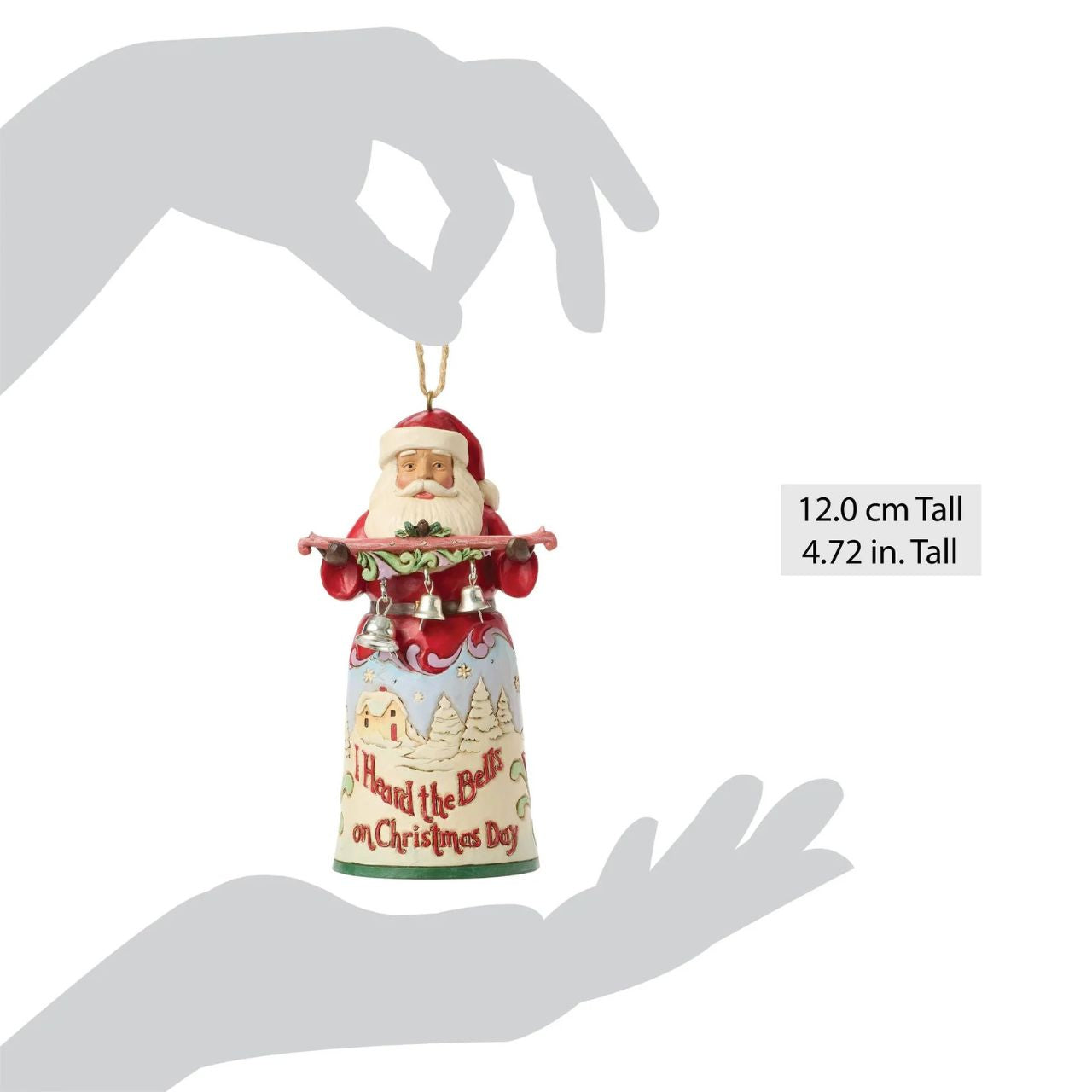 This Jim Shore Song Series ornament showcases Santa holding a branch of bells ringing in the festive spirit. His robes reveal a cosy winter with the heartfelt script, "I heard the bells on Christmas Day," adding nostalgic wonder to your holiday home.