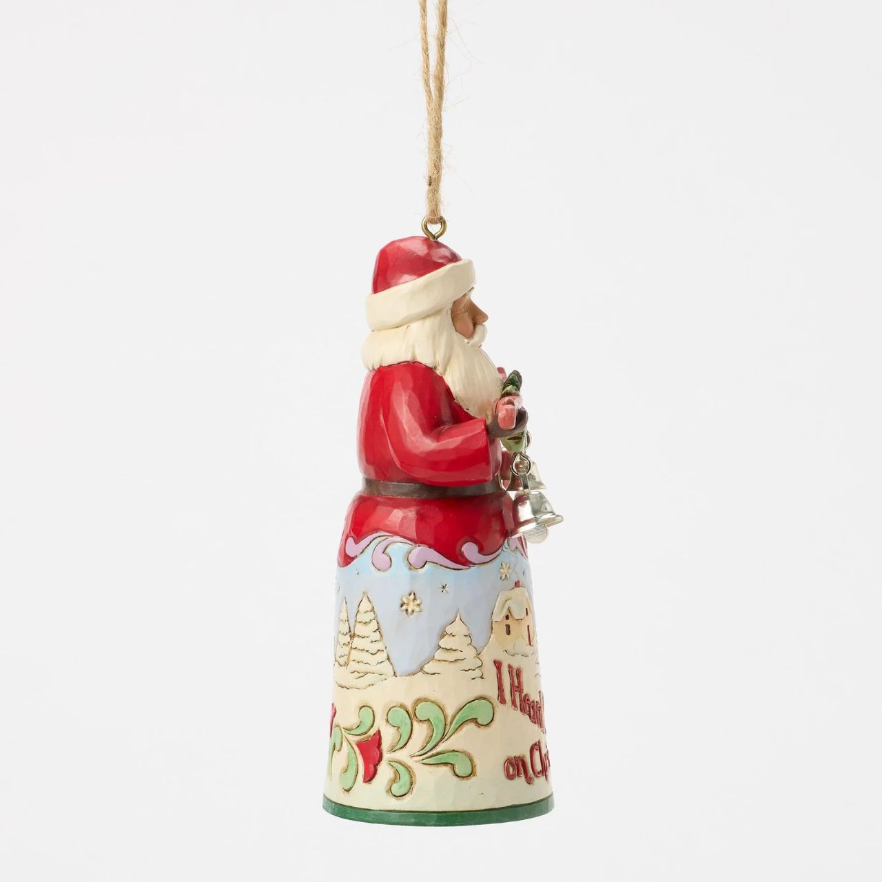 This Jim Shore Song Series ornament showcases Santa holding a branch of bells ringing in the festive spirit. His robes reveal a cosy winter with the heartfelt script, "I heard the bells on Christmas Day," adding nostalgic wonder to your holiday home.
