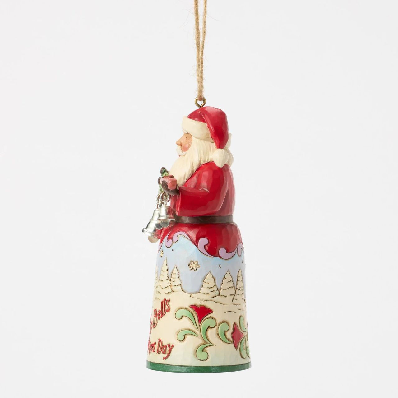 This Jim Shore Song Series ornament showcases Santa holding a branch of bells ringing in the festive spirit. His robes reveal a cosy winter with the heartfelt script, "I heard the bells on Christmas Day," adding nostalgic wonder to your holiday home.
