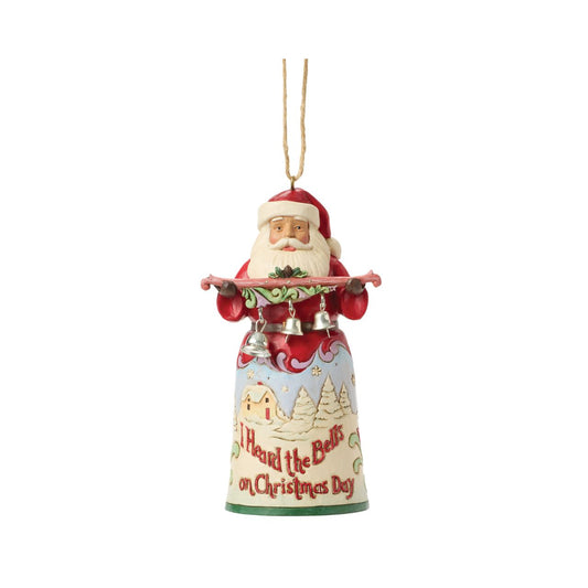 This Jim Shore Song Series ornament showcases Santa holding a branch of bells ringing in the festive spirit. His robes reveal a cosy winter with the heartfelt script, "I heard the bells on Christmas Day," adding nostalgic wonder to your holiday home.
