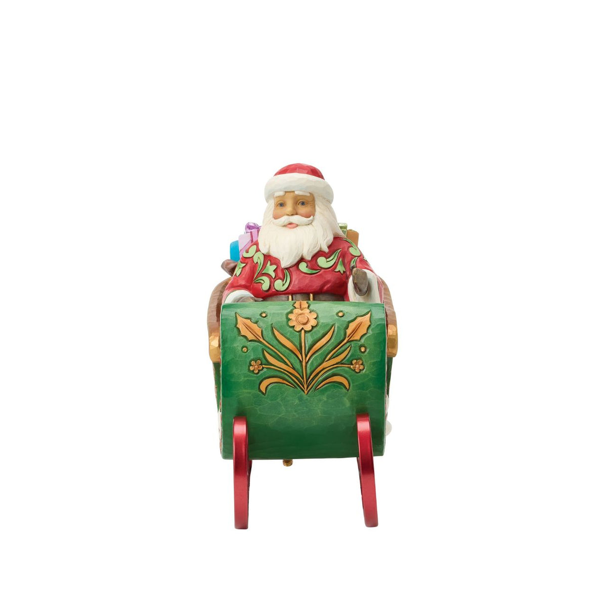 Capture the joy and wonder of the festive season with this Special Edition Santa from Jim Shore's Heartwood Creek collection. Sweeping through sparkling winter snow in an ornate sleigh, Santa brings holiday cheer to life while a wind-up musical feature plays the beloved tune of "Jingle Bells".