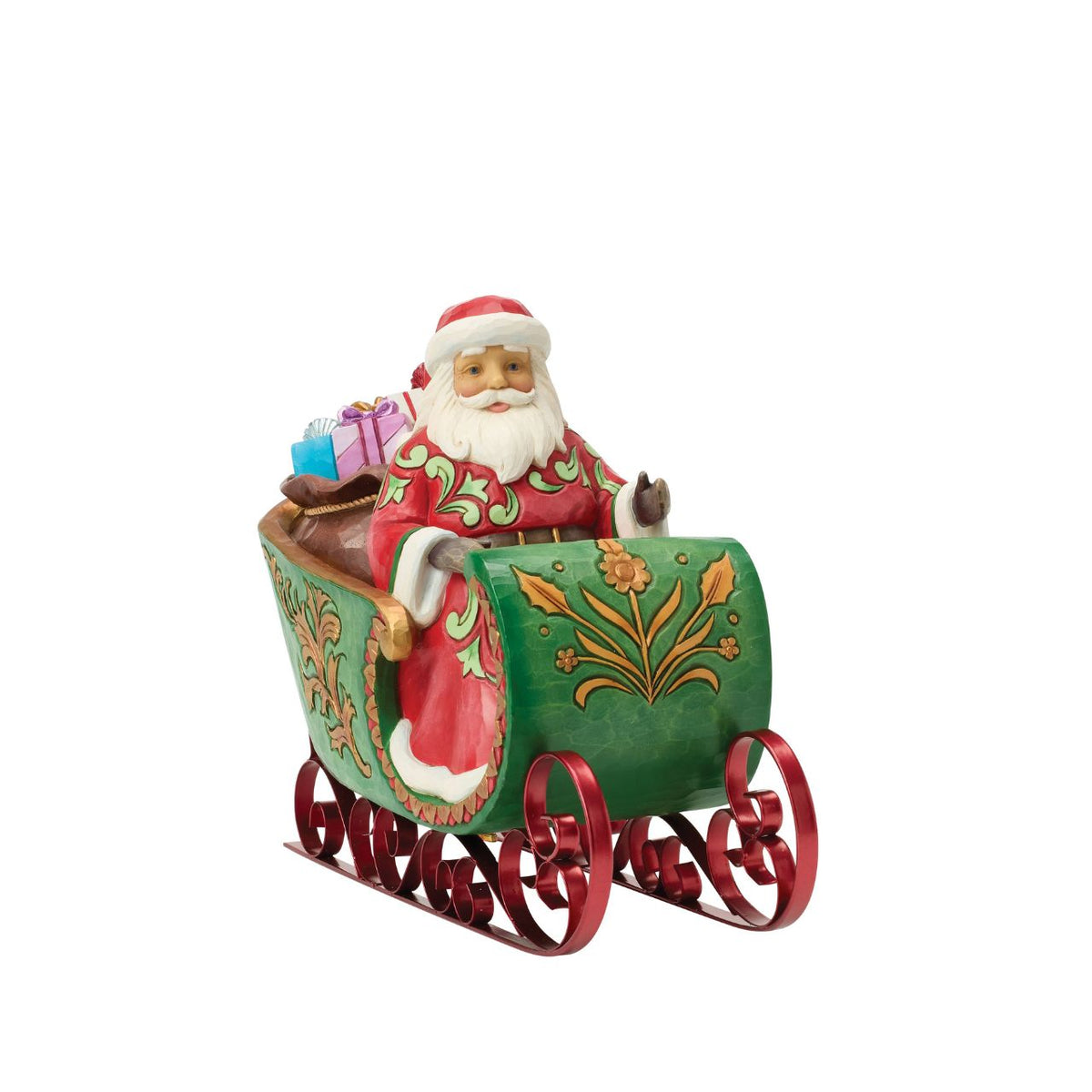 Capture the joy and wonder of the festive season with this Special Edition Santa from Jim Shore's Heartwood Creek collection. Sweeping through sparkling winter snow in an ornate sleigh, Santa brings holiday cheer to life while a wind-up musical feature plays the beloved tune of "Jingle Bells".