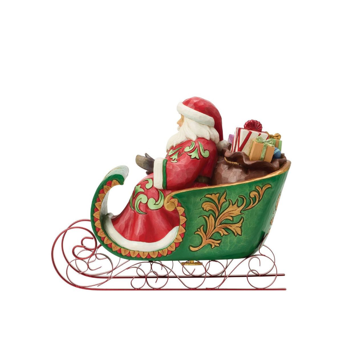 Capture the joy and wonder of the festive season with this Special Edition Santa from Jim Shore's Heartwood Creek collection. Sweeping through sparkling winter snow in an ornate sleigh, Santa brings holiday cheer to life while a wind-up musical feature plays the beloved tune of "Jingle Bells".