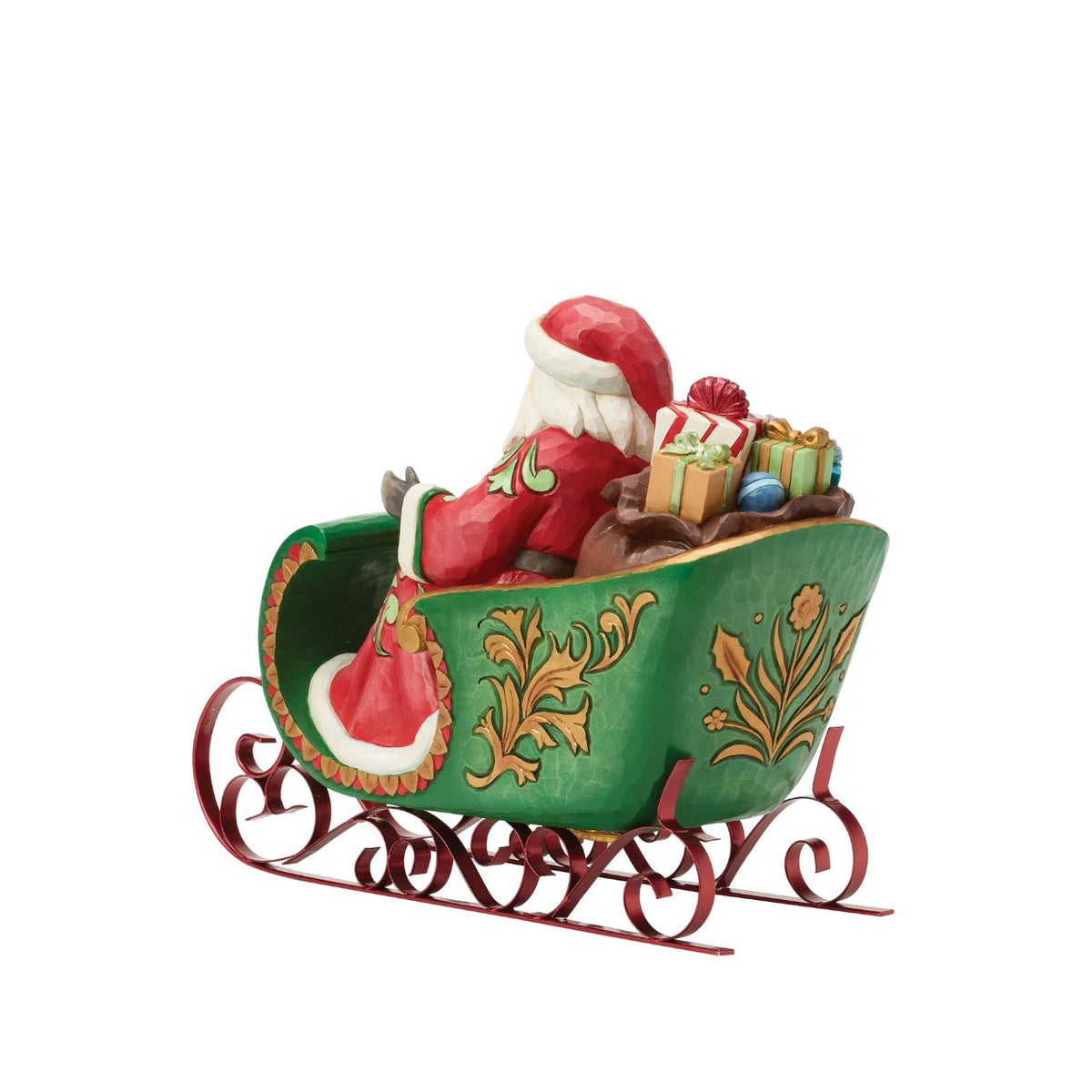 Capture the joy and wonder of the festive season with this Special Edition Santa from Jim Shore's Heartwood Creek collection. Sweeping through sparkling winter snow in an ornate sleigh, Santa brings holiday cheer to life while a wind-up musical feature plays the beloved tune of "Jingle Bells".