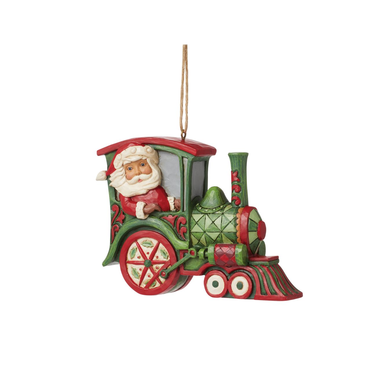 All aboard the Christmas train, next stop, holiday memories! Santa steers this fantastic red and green rosemaling locomotive with mistletoe powered wheels. Hang this stylish train in your tree and admire the creative craftsmanship of Jim Shore.