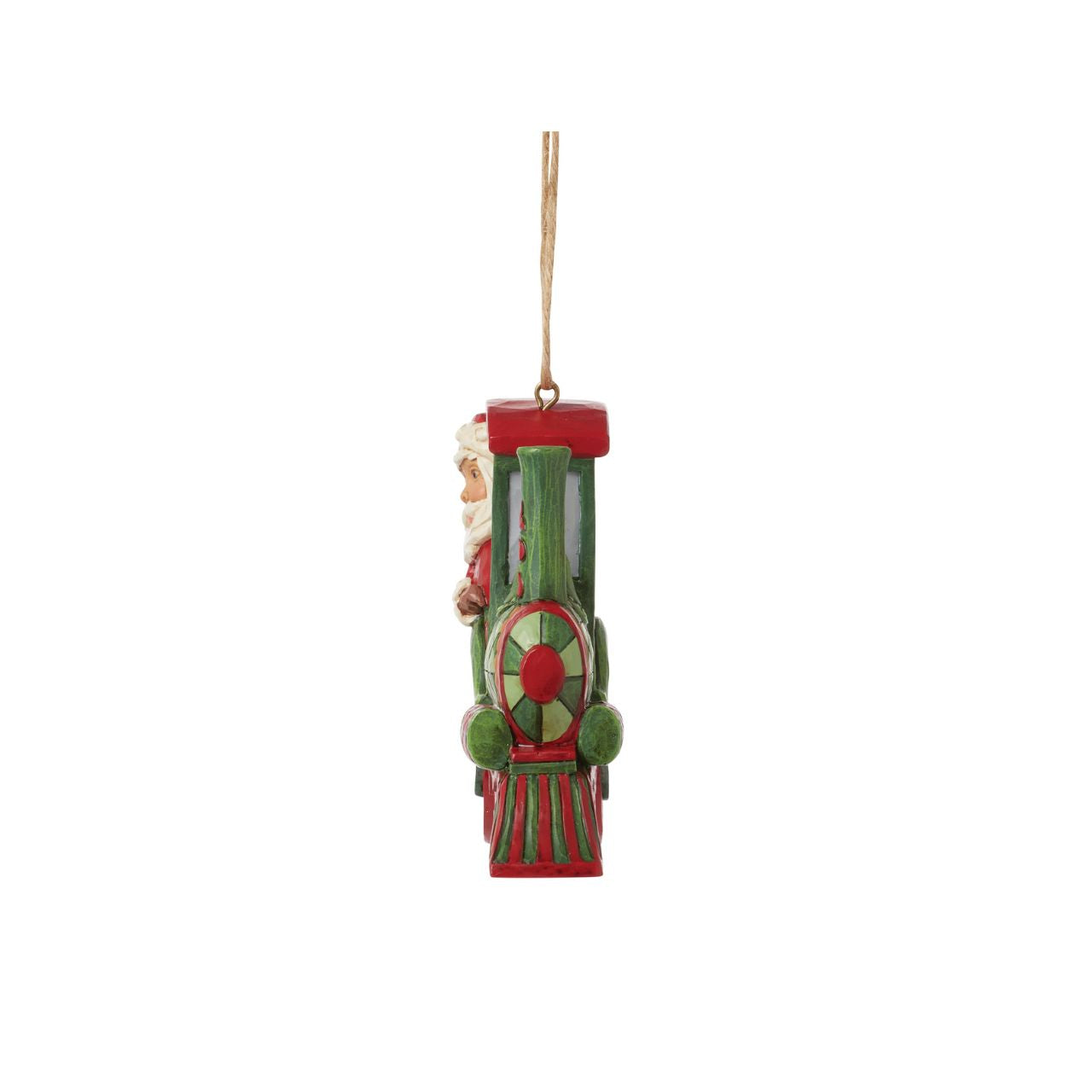 All aboard the Christmas train, next stop, holiday memories! Santa steers this fantastic red and green rosemaling locomotive with mistletoe powered wheels. Hang this stylish train in your tree and admire the creative craftsmanship of Jim Shore.