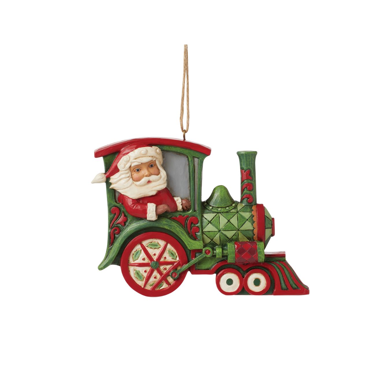 All aboard the Christmas train, next stop, holiday memories! Santa steers this fantastic red and green rosemaling locomotive with mistletoe powered wheels. Hang this stylish train in your tree and admire the creative craftsmanship of Jim Shore.