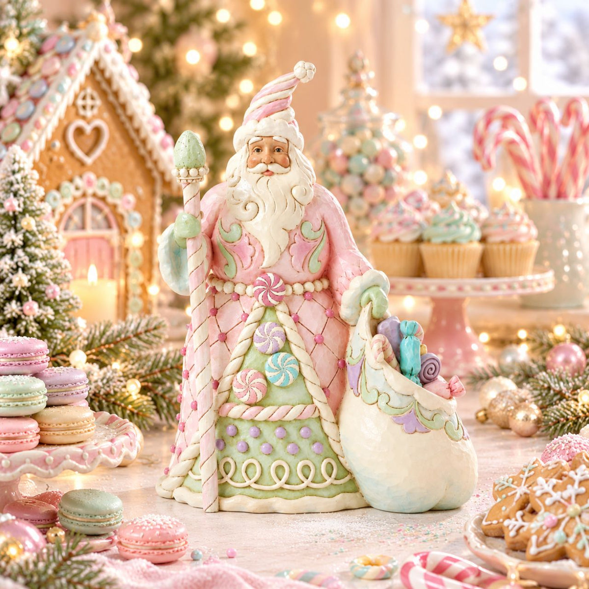 This adorable Heartwood Sweets Santa designed by Jim Shore is dressed in delightful pastel pinks and greens, adorned with whimsical sugar plum candies.